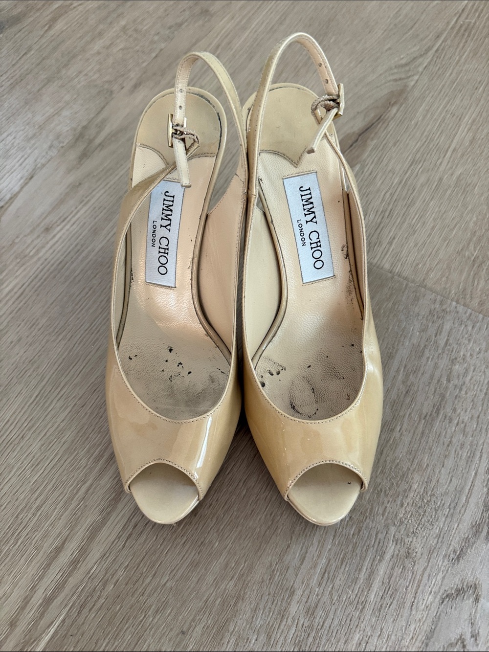 Jimmy Choo Beige Patent Peep-Toe Slingback Heels